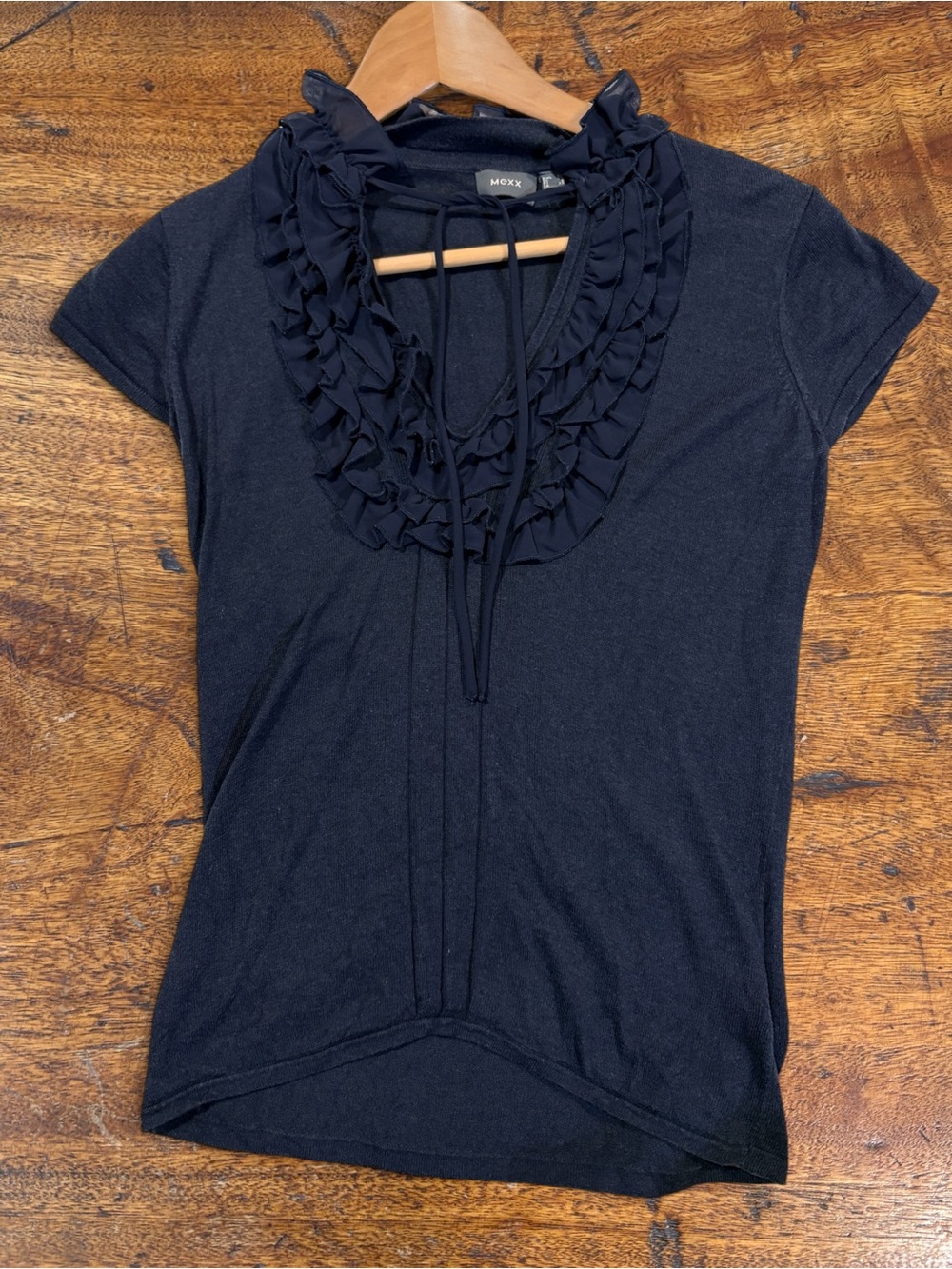 Mexx Ruffle V-Neck Knit Top Black Cap Sleeve Tie-Up Blouse Sz XS